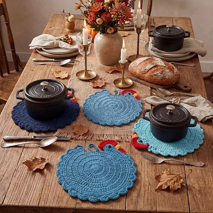 LemonRoad Handmade Crochet Chicken Trivets Set of 6, Farmhouse Hot Pots Holder Gifts Cute Braided Woven Coaster Protector for Dishes Mothers Day Lovers Housewarming 6.5" x 6.8"(Vivid Style)