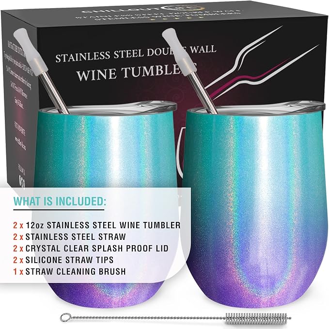 CHILLOUT LIFE 12 oz Stainless Steel Wine Tumblers 2 Pack - Double Wall Vacuum Insulated Wine Glasses Cups with Lids and Straws Set Keeping Cold & Hot for Coffee, Beer, Ice Cream - Mermaid Sparkle