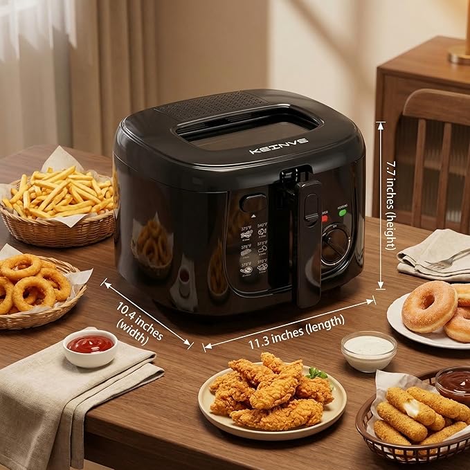 KEINVE Electric Deep Fryer with Basket, 2.5L Oil Fryer with Non-Stick Inner, Viewing Window, 1600Watt Fast Heating, Black