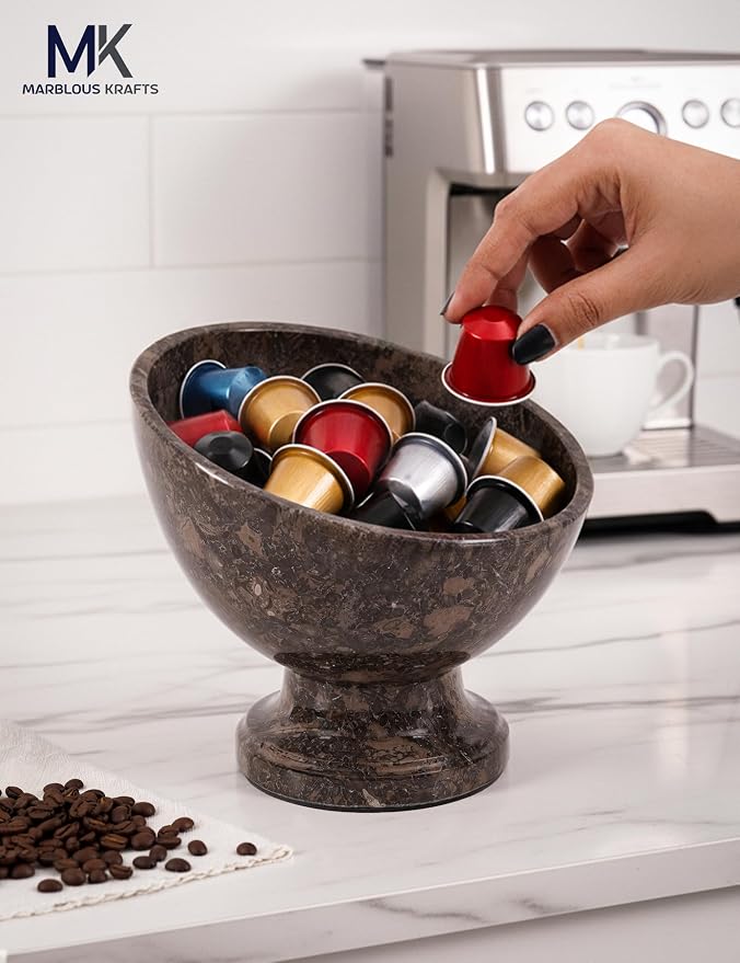 Marblous Krafts Oceanic Marble K Cup Holder for Counter 7 Inch Handcrafted Stone Keurig Pod Holder, Coffee Pods Basket, Coffee Container Bowl, Kitchen Coffee Bar Accessories