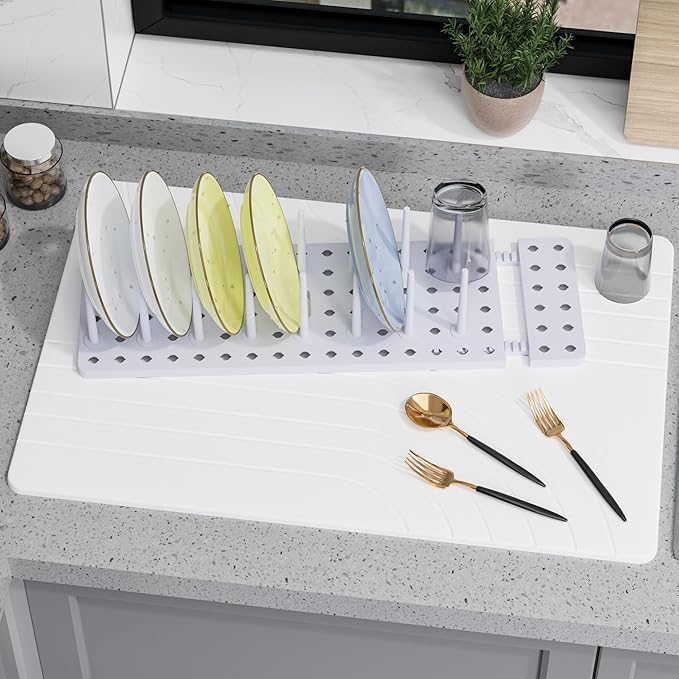 Large Stone Drying Mat for Kitchen Counter, 24" × 16" Diatomite Dish Drying Mat, Ultra Absorbent Diatomaceous Earth Dry Stone Mats with Dish Rack for Dished, Bottles, White