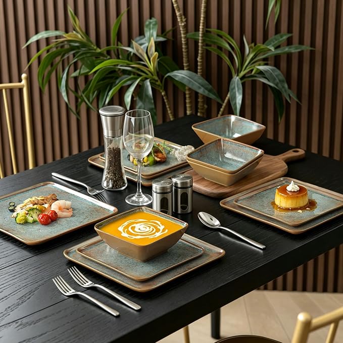 Square Melamine Dinnerware Sets, 12 Piece Plates and Bowls Set, Lightweight Dishes Set for Outdoor, Picnic, RV, Camping & Everyday Use, Service for 4