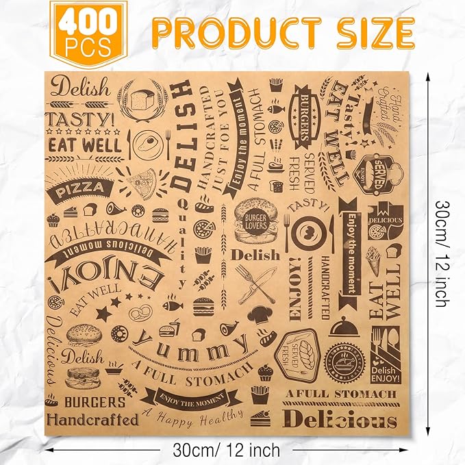Marspark 400 Pcs Deli Wax Paper Sheets 12 x 12 Inches Square Grease Resistant Tray Basket Liners Hot Dog Wrappers Newsprint Water and Grease Proof Sandwich Wrapping Paper for Food Baking (Brown Black)