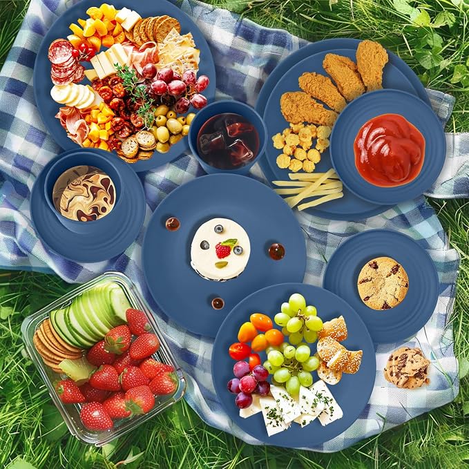 Wrova 40Pack plates and bowls sets for kids - Unbreakable wheat straw dinnerware sets service for 8 - Alternative plastic 40pcs dishes for kitchen, camping and indoors dinning - (Blue)