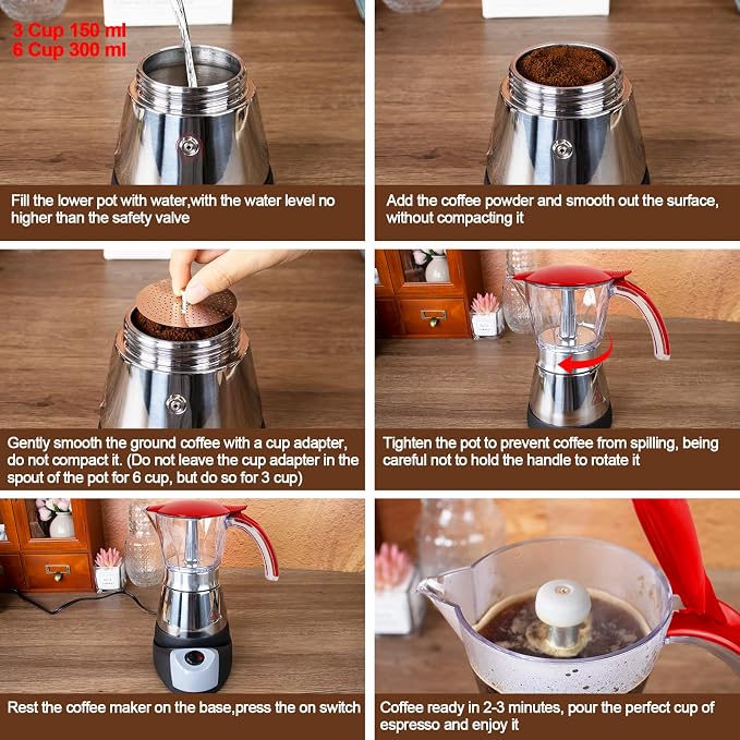 Electric Moka Pot 3-6 Cup 150-300ml Plastic Transparent Stovetop Espresso Maker Portable Stainless Steel Mocha Pot Percolator Italian Coffee Makers Greca Machine Cafe Classic for Home Camping