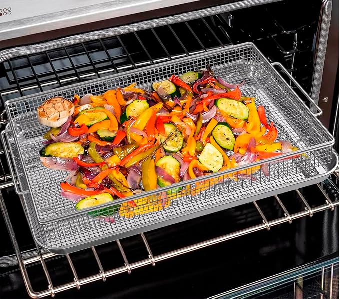Geesta 304 Stainless Steel Air Fryer Basket for Oven with 50 Recipes, 16.5” x 12.5” Extra Large Air Fryer Tray and Pan, Air Fryer Rack, Crisper Basket &Tray, Air Fryer Oven Accessories