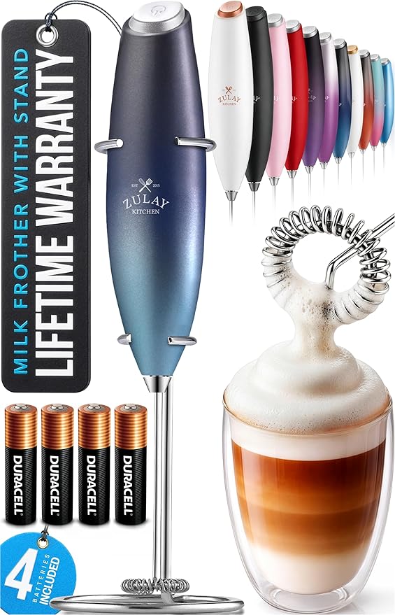 Zulay Kitchen Powerful Milk Frother Wand With 4 AA Duracell Batteries - Ultra Fast Handheld Drink Mixer - Electric Whisk Foam Maker for Coffee, Lattes, Cappuccino, Matcha & Creamer - Deep Sea