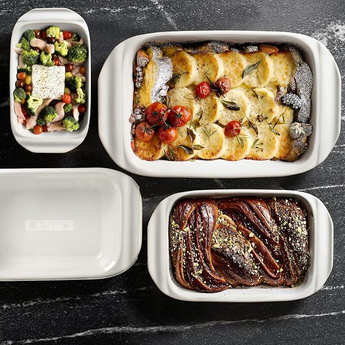 Artena Casserole Dishes For Oven, Ceramic Baking Dish, Large Lasagna Pan With Handles, Baking Pan Casserole Dish, Rectangular Bakeware Deep, Set Of 3 (5.1Qt/2.3Qt/1.1Qt) (White)