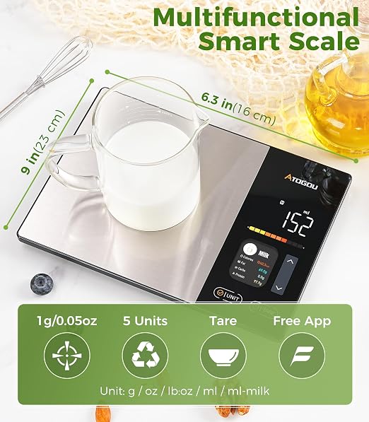 Atogou Smart Food Kitchen Scale with Nutrition Calculator, Color Display & Free App, Precise Portion Control, Calorie & Macro Tracking for Weight Loss & Meal Prep Black
