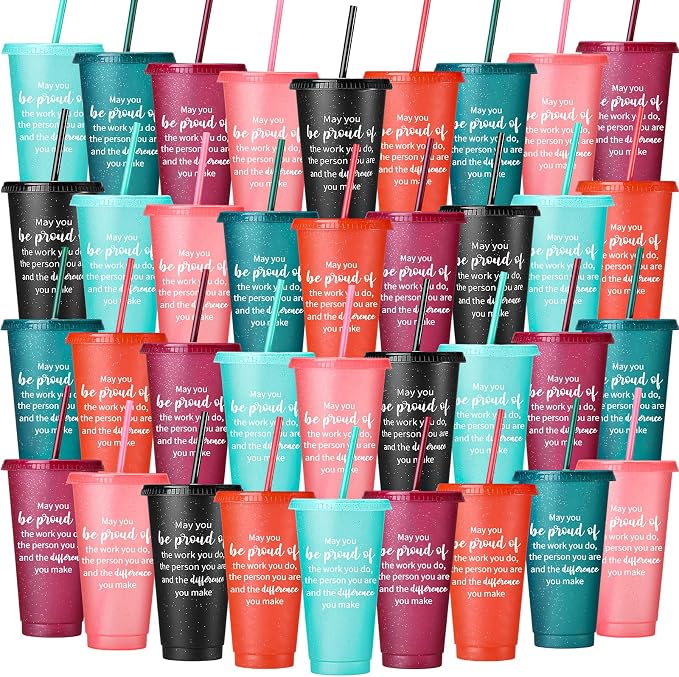 Dandat 36 Pcs Employee Appreciation Gifts Bulk 24 oz Thank You Cups Gift for Nurse Coworker Team Staff Teacher Inspirational Plastic Tumblers with Lids Straws (Dark Color)