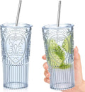 2 Set 20oz Vintage Plastic Tumbler with Lids and Straws Ribbed Floral Drinking Glasses Reusable Iced Coffee Cups for Water Juice Smoothie Cocktail Travel Party Events Gift (Blue)