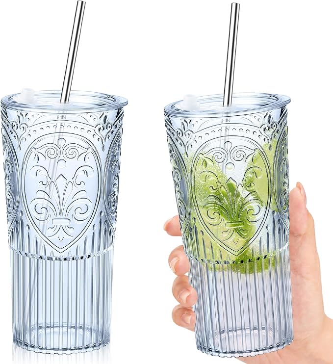 2 Set 20oz Vintage Plastic Tumbler with Lids and Straws Ribbed Floral Drinking Glasses Reusable Iced Coffee Cups for Water Juice Smoothie Cocktail Travel Party Events Gift (Blue)