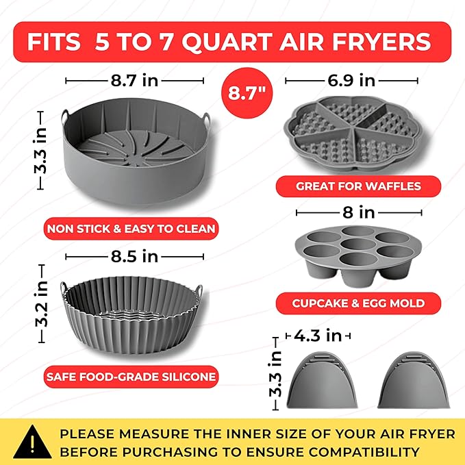 EM Set of 5 Silicone Air Fryer Liners with Egg Bite Mold, Waffle Mold & Mitts - 8.7” Round Reusable Silicone Inserts for 5-7 Qt Airfryers - Easy to Clean & Heat-Resistant Air Fryer Accessories Set