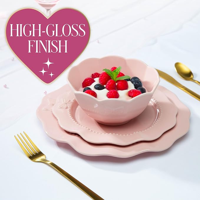 Paris Hilton 12-Piece Dinnerware Set, Embossed Bow Design, Iconic Ceramic Stoneware Service for 4 with Dinner Plates, Salad Plates, and Bowls, Microwave & Dishwasher Safe, Pink