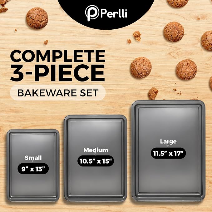PERLLI Non-Stick 3-Piece Baking Pan Set – Carbon Steel with Even Heat Distribution, Oven Safe to 446°F, BPA-Free, Dishwasher Safe, Stackable Baking Tools for Easy Storage and Everyday Cooking - Gray