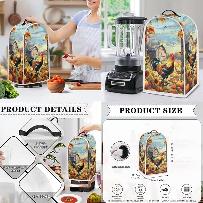 Rooster Toaster and Blender Cover Set Sunflower Dust Protective Cover for Kitchen Small Appliance Washable Bread Maker Covers