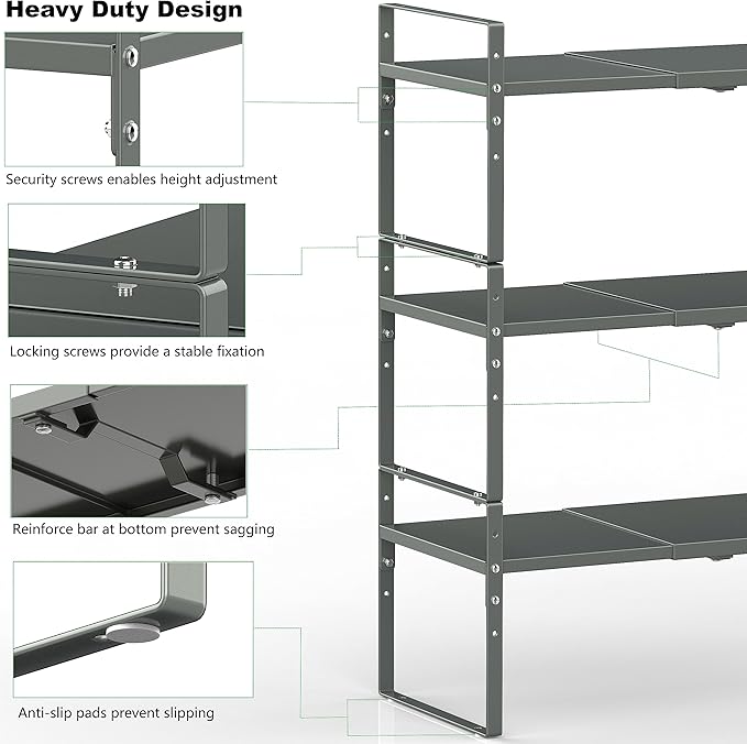 Jojocross Expandable Stackable Spice Rack Cabinet Shelf Organizer in Cabinets Shelves Kitchen Cupboard Organization Stack up Racks Pantry Countertop Storage (Gray, Medium 3 Packs)