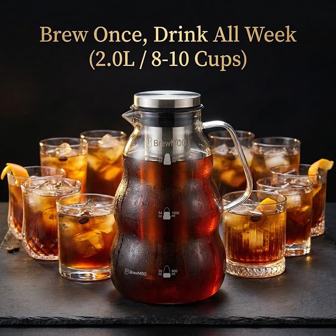 BrewMOO- Cold Brew Coffee Maker (2.0L/68Oz), Sleek Wave Borosilicate Glass Pitcher with Stainless Steel Filter, Airtight Lid + Wide Spout + Comfort Handle, Effortless Manual, Sophisticated Gift
