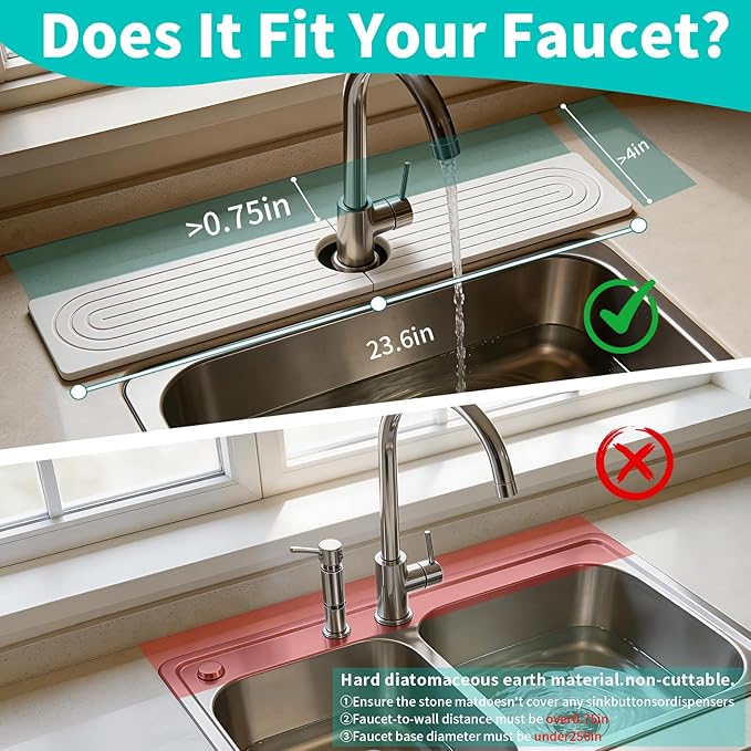 Absorbent Stone Faucet Mat for Kitchen Sink, Diatomite Stone Sink Tray Quick Dry, Bathroom Sink Splash Guard Behind Faucet, Water Catcher & Draining Mat for Sink Counter Protector, 15.8" x 4"