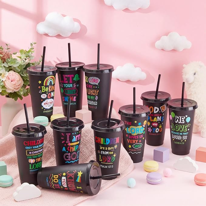 Uiifan 50 Pcs VBS Christian Cups Bulk for Kids, Religious Plastic Tumblers with Bible Verses, Sunday School and Church Gifts, Reusable Cups with Lids and Straws (Black)