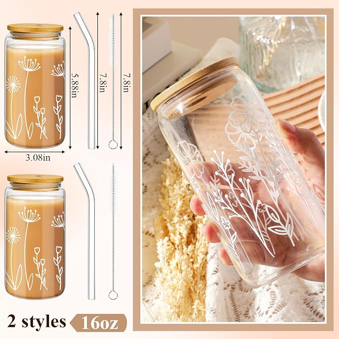Mumufy 2 Pack Glass Cups Gift Aesthetic Cute Glass Cup Tumbler Flower Iced Coffee Mugs 16 oz with Bamboo Lid & Straw, for Wedding Birthday Bridesmaid Mom Baby Shower