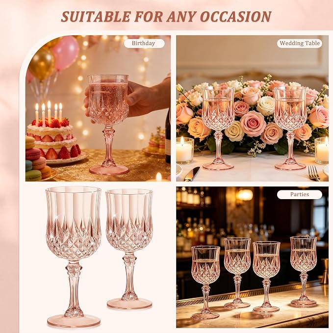 7OZ Plastic Wine Glasses, Reusable Vintage Goblets Unbreakable Drinking Glasses Crystal Water Cups Champagne for Wedding, Parties (12, Rose Gold)