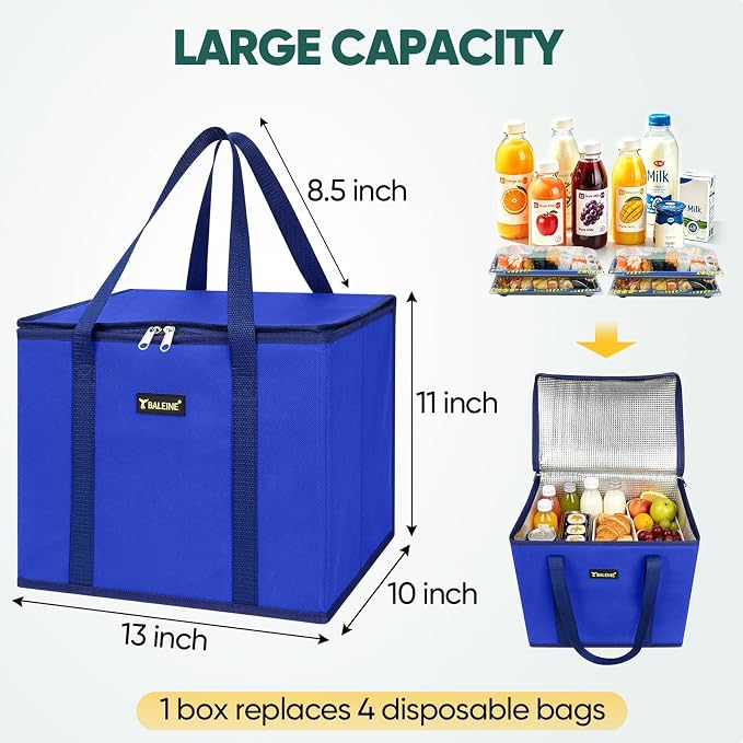 BALEINE 3Pk Insulated Reusable Grocery Bags, Foldable Shopping Bags for Groceries with Reinforced Bottom & Handles (Blue)