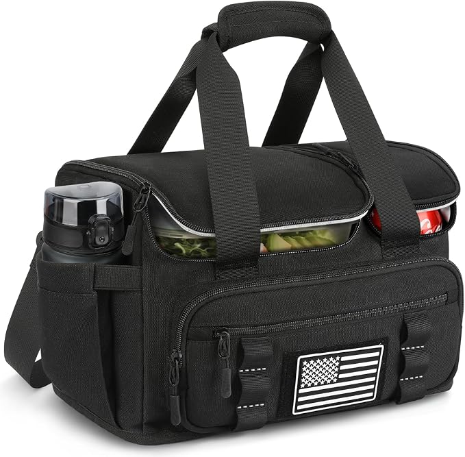 ETRONIK Tactical Lunch Box for Men, 15L Insulated Lunch Bag with Hot/Cold Compartments, Men's Lunch Box Fits 3 Meals + Snacks, Adult Lunch 8H Cooler Bags for Work, Hiking, Beach, Gym, Black