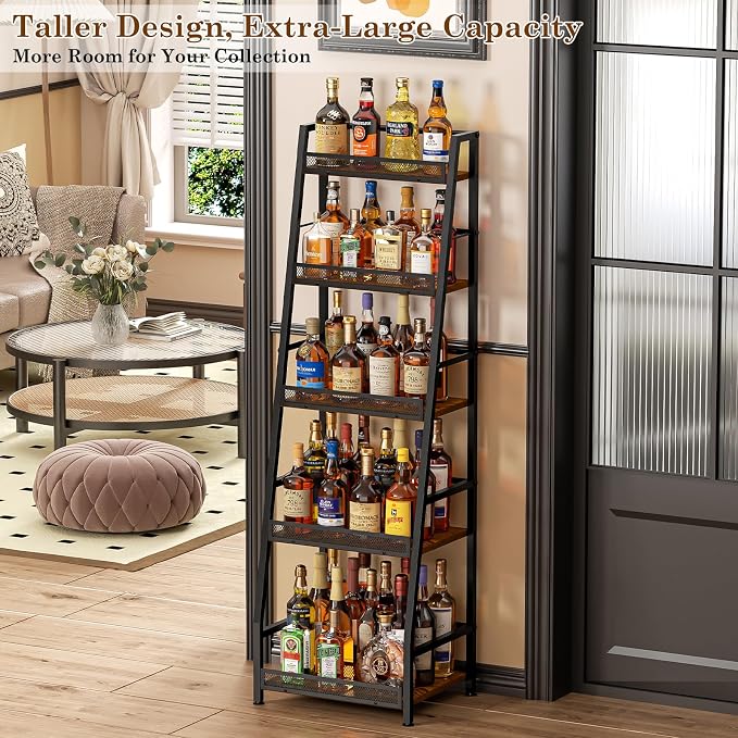 5-Tier Trapezoid Liquor Stand for Home Bar, Large-Capacity Liquor Cabinet Bar for Home, Stepped Wine Rack Freestanding Floor for Whiskey, Corner Wine Bottle Display Shelf with Fences for Living Room