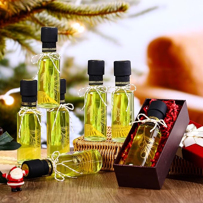 Reallnaive 20 Pcs 4 oz Mini Glass Olive Oil Bottles Empty Sauce Condiment Bottles with Dropper Inserts and Sticker Seals Caps for Gifts Kitchen (Olive Pattern,Clear)