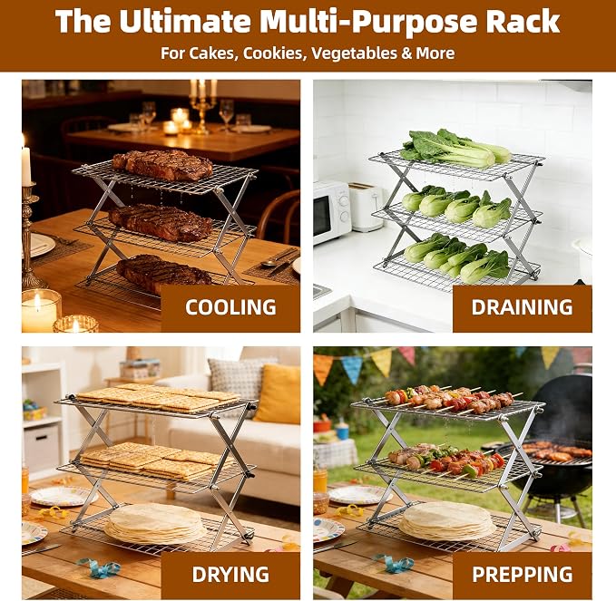 4 Tier Collapsible Cooling Rack with Adjustable 6 Setting Design stackable wire rack for baking sheet for Cookies Baking Gifts for Women (Silver, 4-Tier)
