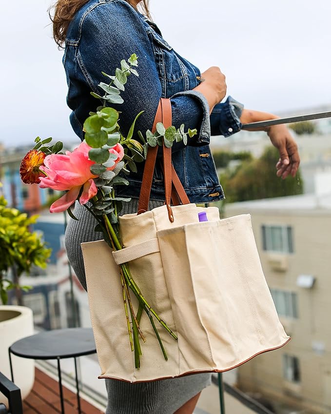 CapaBunga Farmer's Market Tote Shopping Bags with Handles - 7 Pocket Large Utility Tote Bag - Heavy Duty Canvas Utility Bag with Vegan Leather Base - Reusable Tote Bag - Natural Grocery Bag