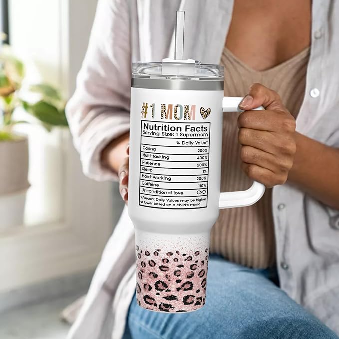 SANDJEST Mom Gifts for Women Mom Nutrition Facts Tumbler Stainless Steel 40oz with Handle Insulated Travel Cup Best Mom Ever Coffee Cup, Mother's Day Christmas Birthday Gifts from Son Daughter