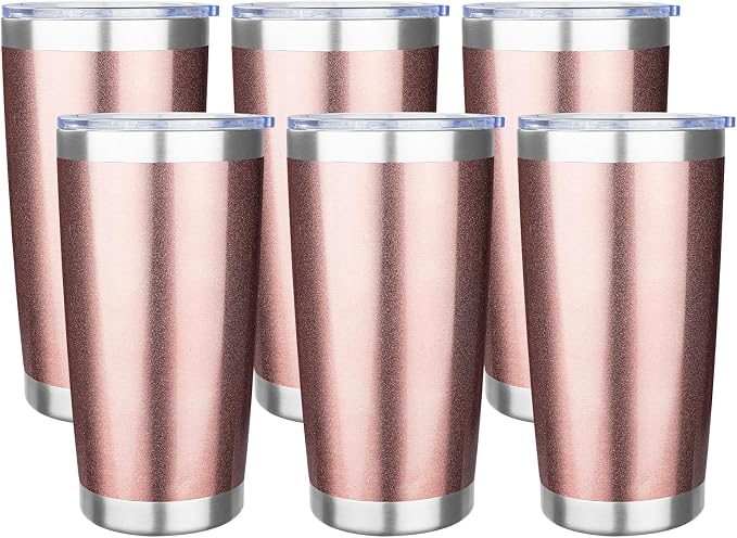 20oz Tumbler with Lid Stainless Steel Insulated Tumblers Travel Coffee Tumbler Bulk Double Wall Vacuum Insulated Water Cup Gifts for Christmas Women Men Her Him Home Office(Rose Gold, 6pack)