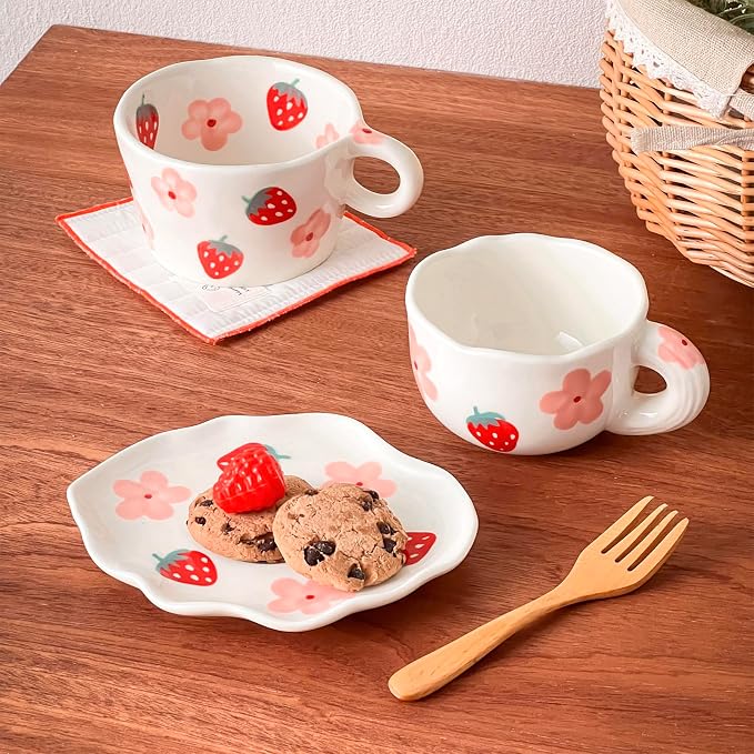 Noviko Coffee Mug with Saucer Ceramic TeaCup Unique Coffee Mugs for Women (Strawberry S)