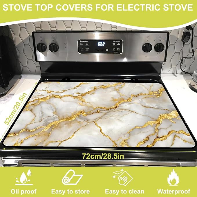 Glass stove top cover 28"x 20", Stove Top Covers for Electric Stove, Flat Range Mat for Glass Cooktop, Kitchen Heat-Resistant Protector Mat Non-Slip Drying Mat (Golden Marble Pattern)
