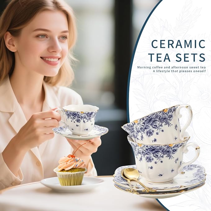 TATSUMI Country Roses Bone China Tea Cup and Saucer Set, 6 Pieces, Vintage Style, For Women and Tea Parties（sky blue，2 sets）