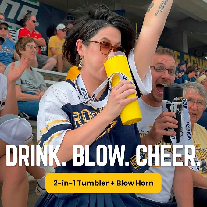 The LoudCup Blow Horn Tumbler, Cheer & Sip 2-in-1 Reusable Water Bottle with Built-In Horn for Sports Games, Tailgates, Parties & Events, BPA-Free, 23 oz, Ice White