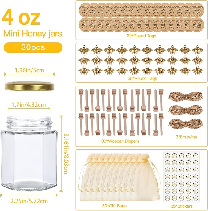 4 oz Mini Glass Honey Jars | 30-Pack Honey Jars with Wood Dippers, Gold Lids, Gift Bags, Bee Charms, Labels, Tags, Twine | Perfect for Baby Shower Party Favors, Wedding Favors, Bridal Showers