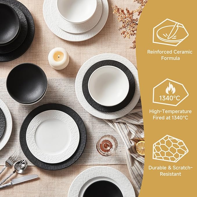 KINGSTONE Dinnerware Sets, 24-Piece Matte Marble Pattern Premium Porcelain dishes set, Plates and Bowls Sets for 8, Place Setting with Dinner Plate, Salad Plate, Pasta Bowl (White)