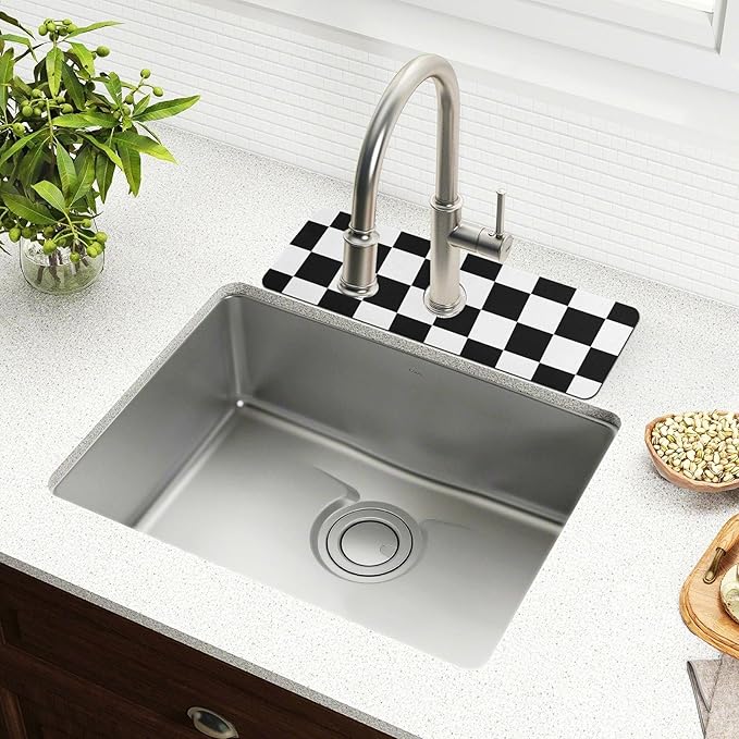 Kitchen Sink Splash Guard 2 PCS 14.7 Inch Sink Faucet Mat Splash Guard for Bathroom Countertop Water Absorbent Foldable Cuttable Soft Washable Checkered Black and White