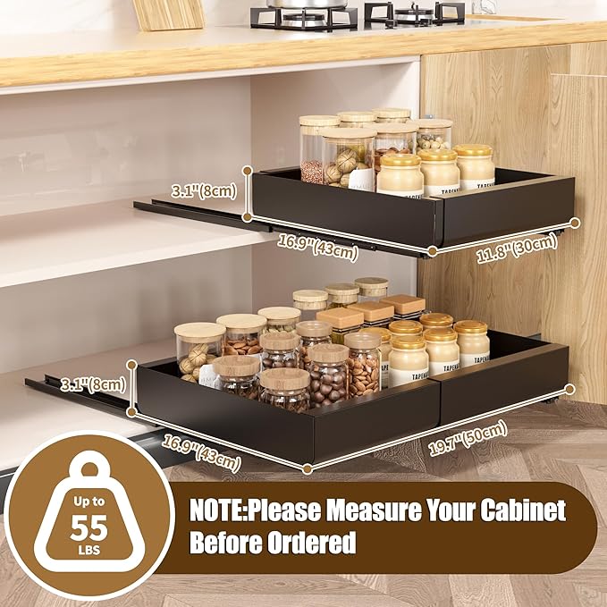 Pull Out Cabinet Organizer, Width Expandable (11.7"-19.7") Heavy Duty Slide Out Drawers Fixed with Adhesive Nano Film for Pots, Roll Out Shelf Storage For Kitchen,Pantry,Garage,Bathroom Storage