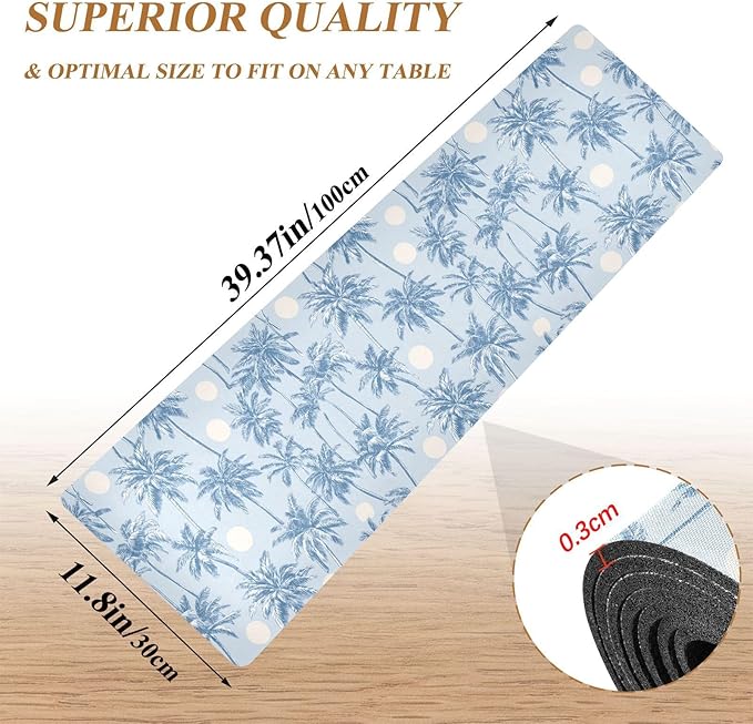 2 in 1 Table Runner Trivet for Hot Pots and Pans Heat Resistant Non Slip Waterproof 39 x 12 Inch Decorative Table Protector for Kitchen Countertop Light Blue Palm Trees and Sun