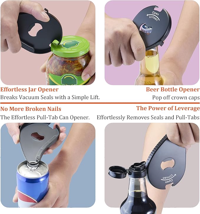 Uinxan Jar Bottle Can Opener for Seniors Arthritis Weak Hands-Easy Twist Off Small Caps (0.6"-2.7"), Pop Top & Pull Tab Seals,Patent Unique Portable Multifunction Gadget for Elderly/Women/Men(Black)
