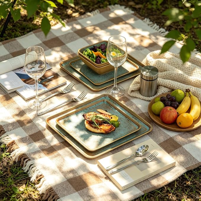 Square Melamine Dinnerware Sets, 12 Piece Plates and Bowls Set, Lightweight Dishes Set for Outdoor, Picnic, RV, Camping & Everyday Use, Service for 4