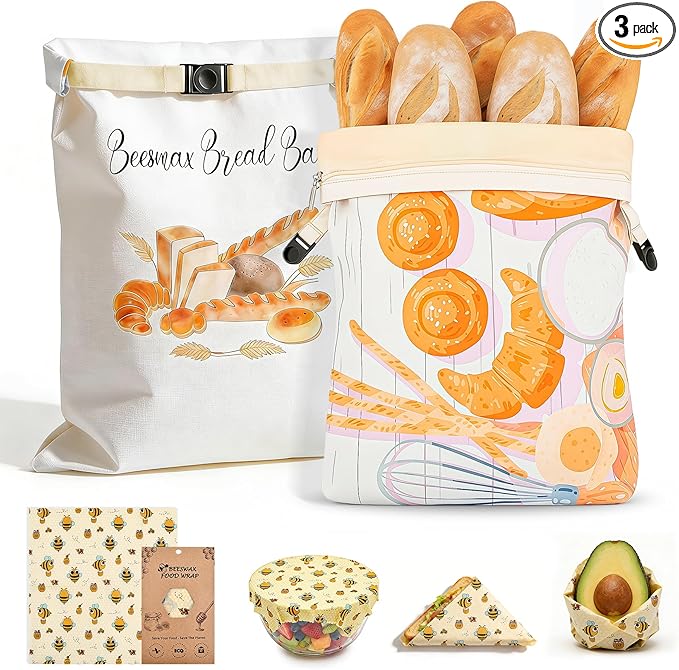 Beeswax Bread Bags for Sourdough and Homemade Bread - 2 Pack XL Cotton Storage Bags with Zipper & Buckle Double Seal - Includes 13x13.9" Beeswax Wrap for Bowl Cover - Reusable Produce Veggie Bag