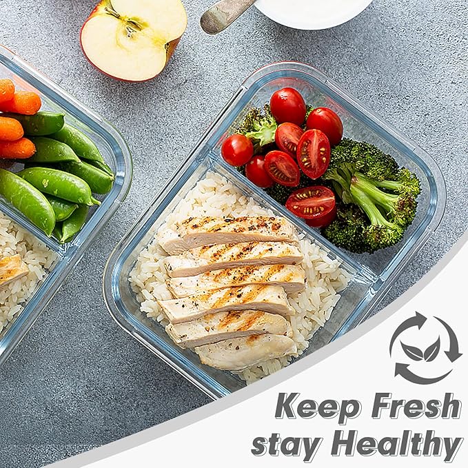 VERONES 10 Pack Glass Meal Prep Containers 2 Compartment Set, 30 OZ Airtight Glass Lunch Containers, Glass Food Storage Containers with Lids, for Microwave, Oven, Freezer & Dishwasher Friendly，White
