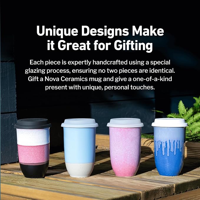 NOVA CERAMICS Travel Mug - Ceramic Coffee Mug With Lid – Microwave & Dishwasher Safe Coffee White & Grey Tumbler - Fits In Cup Holder – 16oz – Coastal Drift