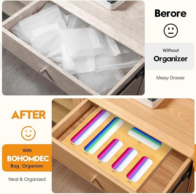 Bamboo Ziplock Bag Organizer for Kitchen Drawer & Wall Mount, Food Storage Baggie Holder, Fits Gallon Quart Sandwich Snack Freezer & Slider Bags, No Assembly, 6 in 1,Natural Color