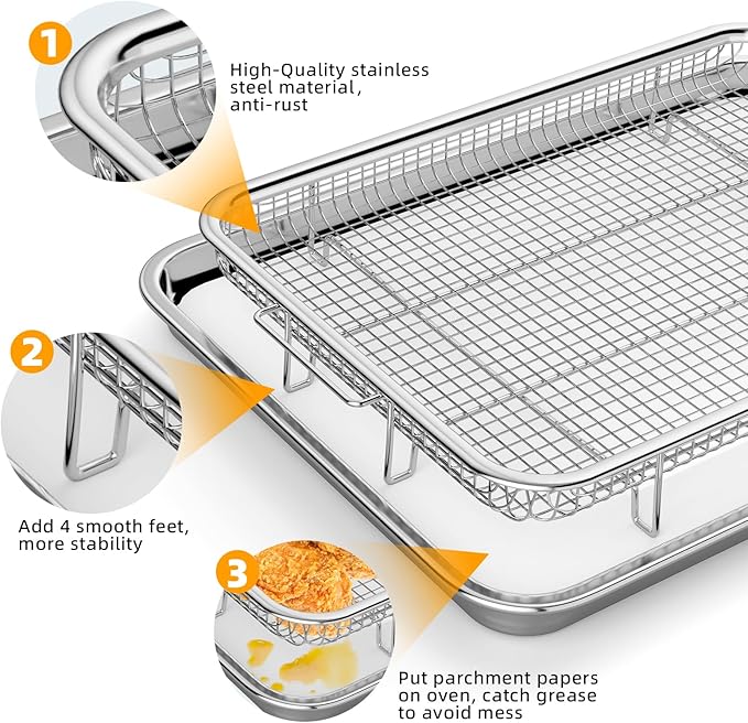Air Fryer Basket for Oven, 2 Set Air Fryer Tray and Pan with 60PCS Parchment Papers, YEPATER Stainless Steel Air Fryer Pan and Crisper Tray for for Baking Grilling Cooking and Frying